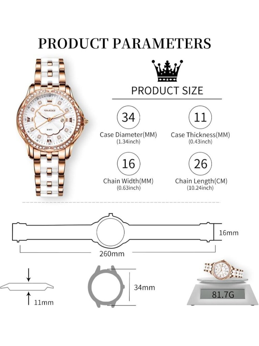 Womens Rose Gold Analog Quartz Ceramic Reloj Mujer Shinning Diamond Luxury Watch - Picture 4 of 7